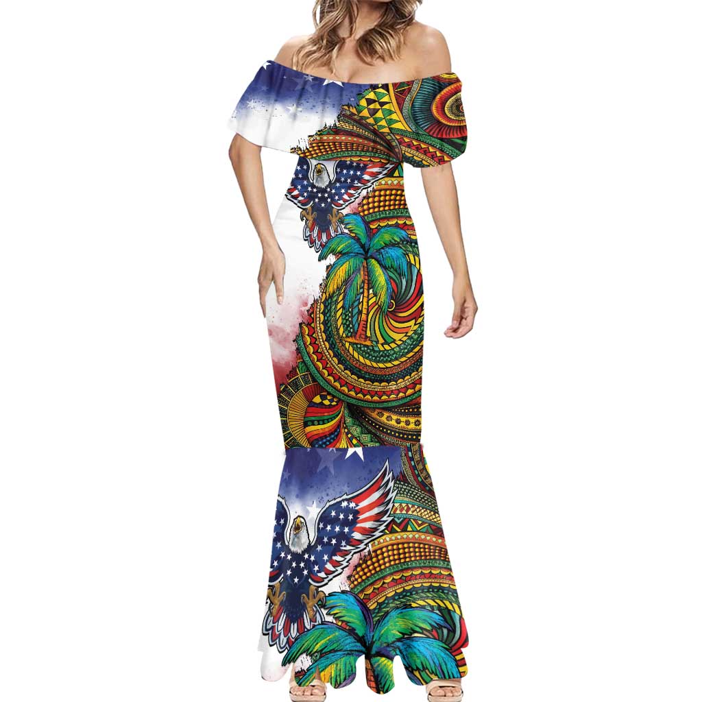 Caribbean American Together Mermaid Dress USA Flag Eagle and Coloful Palm Tree - Wonder Print Shop