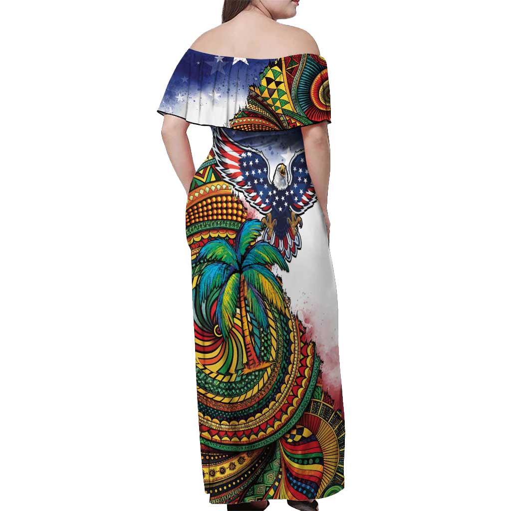 Caribbean American Together Off Shoulder Maxi Dress USA Flag Eagle and Coloful Palm Tree - Wonder Print Shop