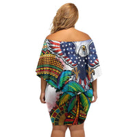 Caribbean American Together Off Shoulder Short Dress USA Flag Eagle and Coloful Palm Tree - Wonder Print Shop