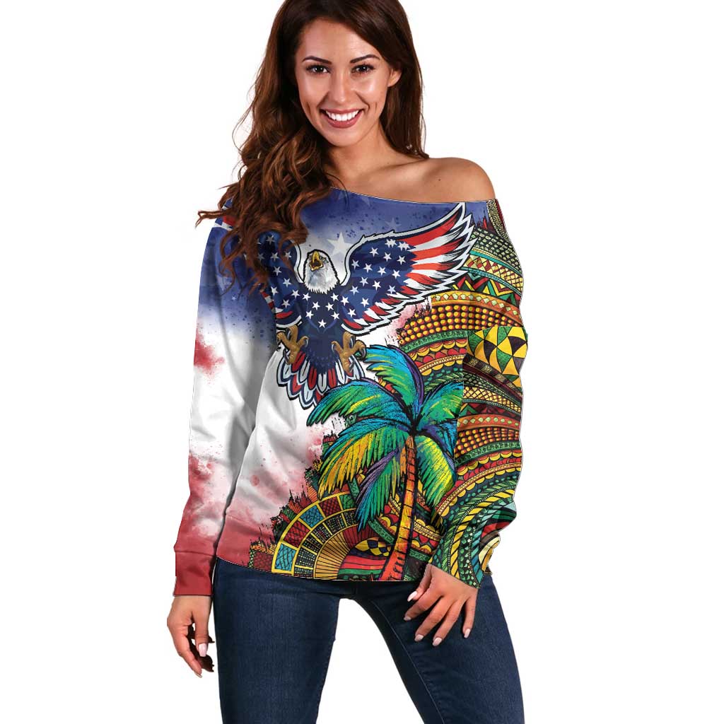 Caribbean American Together Off Shoulder Sweater USA Flag Eagle and Coloful Palm Tree - Wonder Print Shop