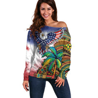 Caribbean American Together Off Shoulder Sweater USA Flag Eagle and Coloful Palm Tree - Wonder Print Shop