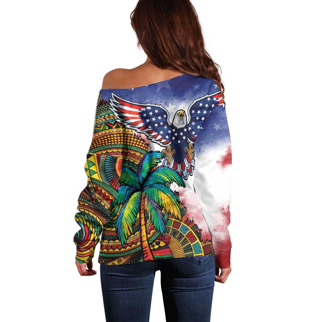 Caribbean American Together Off Shoulder Sweater USA Flag Eagle and Coloful Palm Tree - Wonder Print Shop
