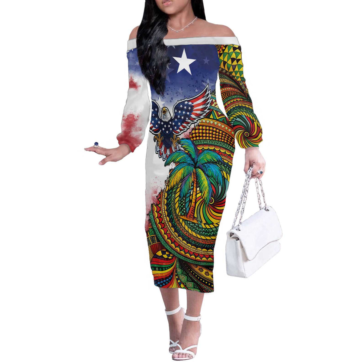 Caribbean American Together Off The Shoulder Long Sleeve Dress USA Flag Eagle and Coloful Palm Tree - Wonder Print Shop