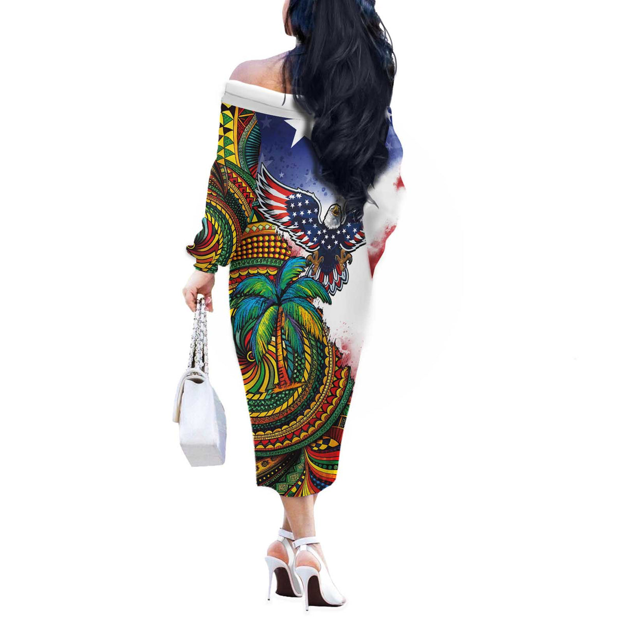 Caribbean American Together Off The Shoulder Long Sleeve Dress USA Flag Eagle and Coloful Palm Tree - Wonder Print Shop