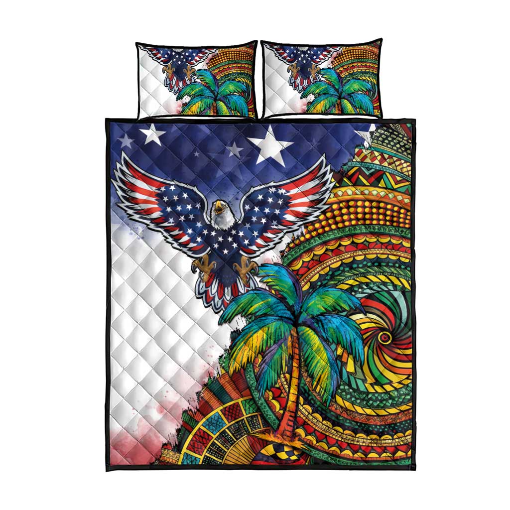 Caribbean American Together Quilt Bed Set USA Flag Eagle and Coloful Palm Tree - Wonder Print Shop