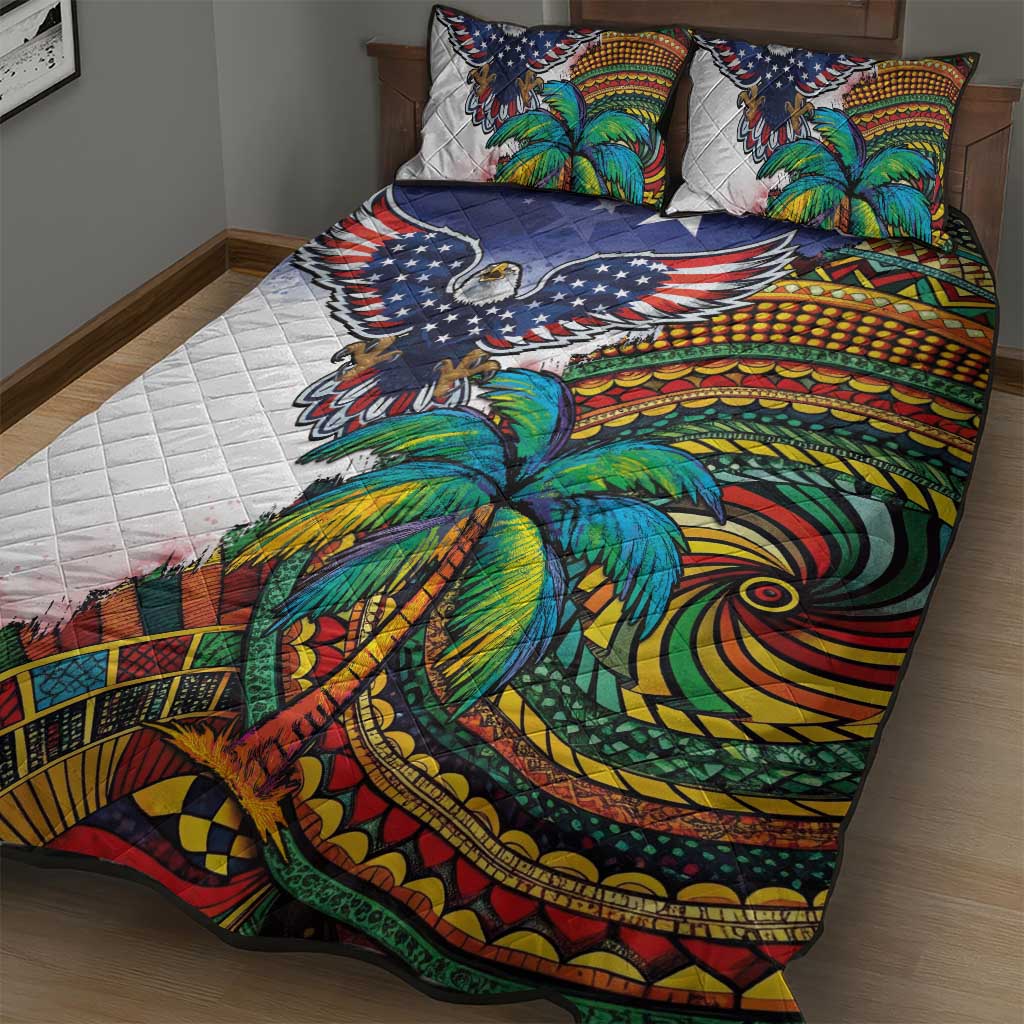 Caribbean American Together Quilt Bed Set USA Flag Eagle and Coloful Palm Tree - Wonder Print Shop