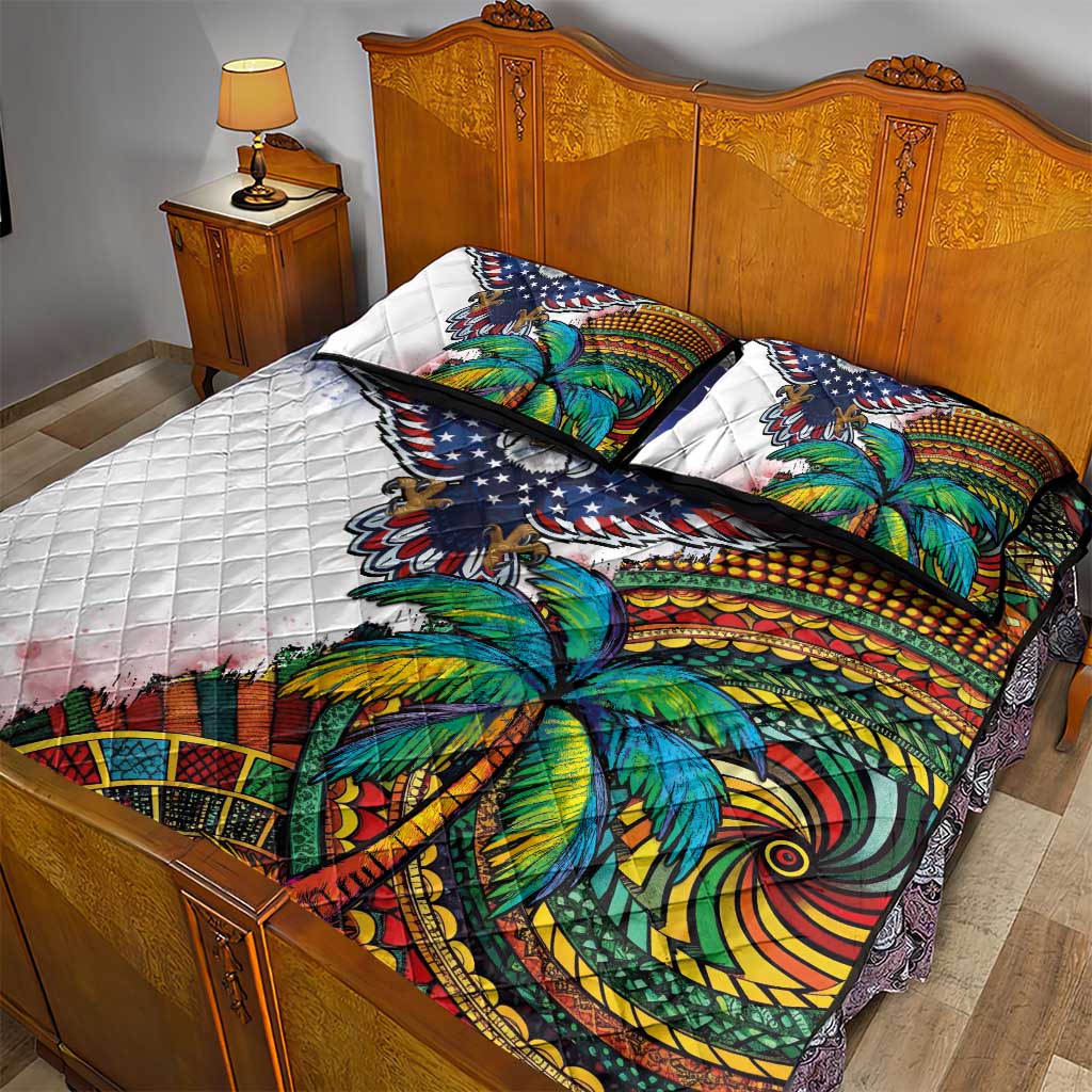 Caribbean American Together Quilt Bed Set USA Flag Eagle and Coloful Palm Tree - Wonder Print Shop