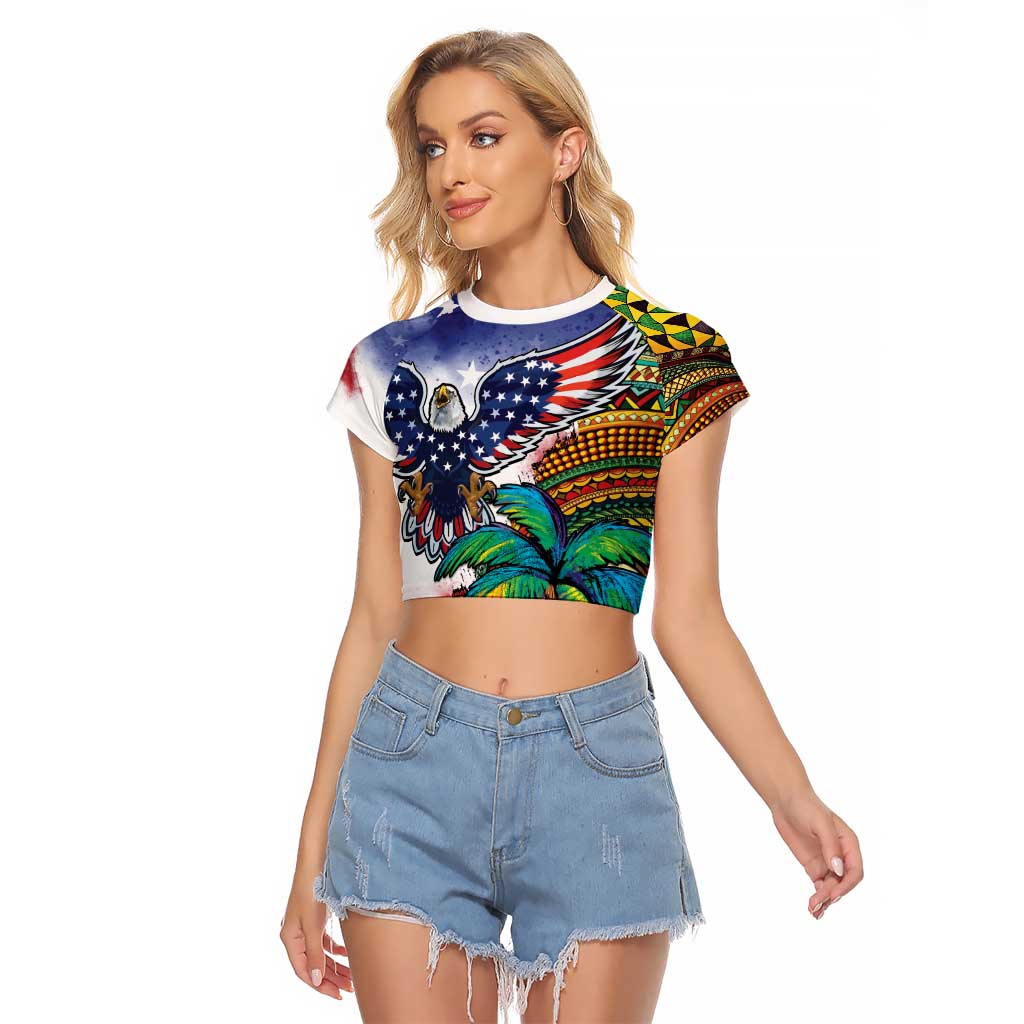 Caribbean American Together Raglan Cropped T Shirt USA Flag Eagle and Coloful Palm Tree - Wonder Print Shop