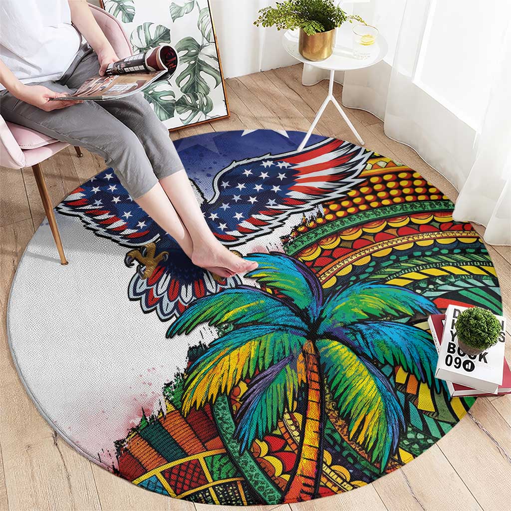 Caribbean American Together Round Carpet USA Flag Eagle and Coloful Palm Tree - Wonder Print Shop