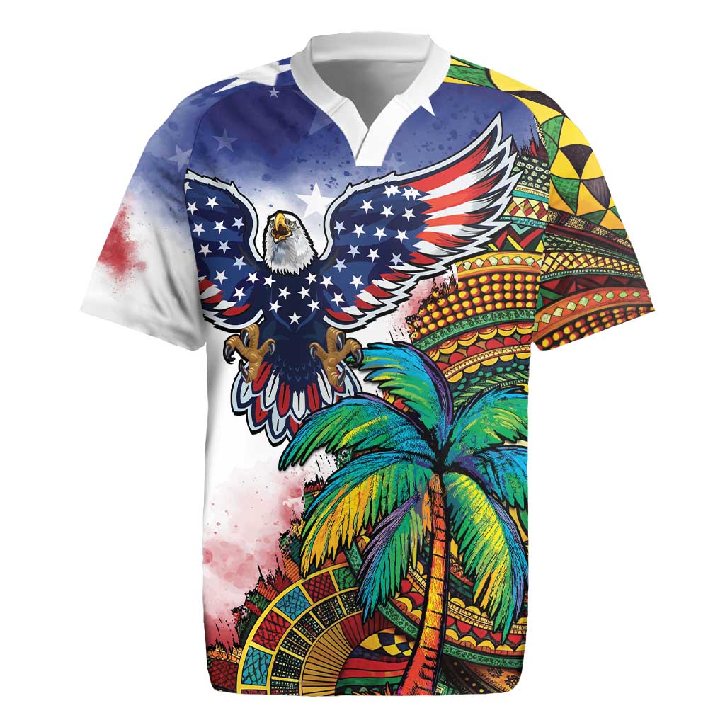 Caribbean American Together Rugby Jersey USA Flag Eagle and Coloful Palm Tree - Wonder Print Shop