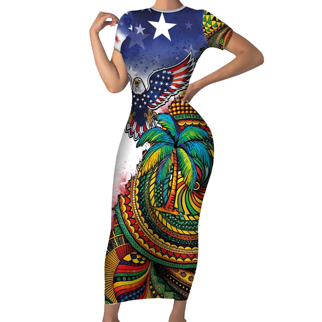 Caribbean American Together Short Sleeve Bodycon Dress USA Flag Eagle and Coloful Palm Tree - Wonder Print Shop