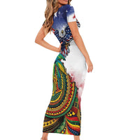 Caribbean American Together Short Sleeve Bodycon Dress USA Flag Eagle and Coloful Palm Tree - Wonder Print Shop