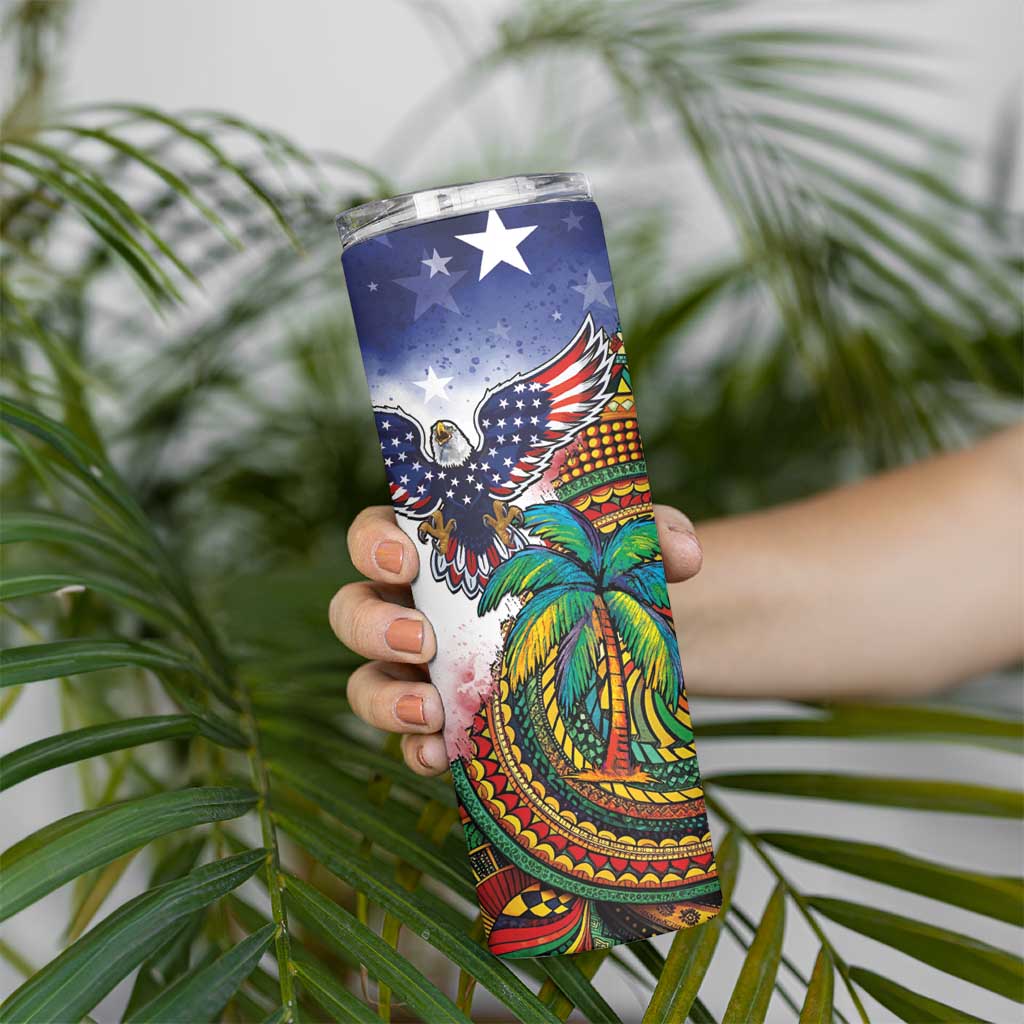 Caribbean American Together Skinny Tumbler USA Flag Eagle and Coloful Palm Tree - Wonder Print Shop