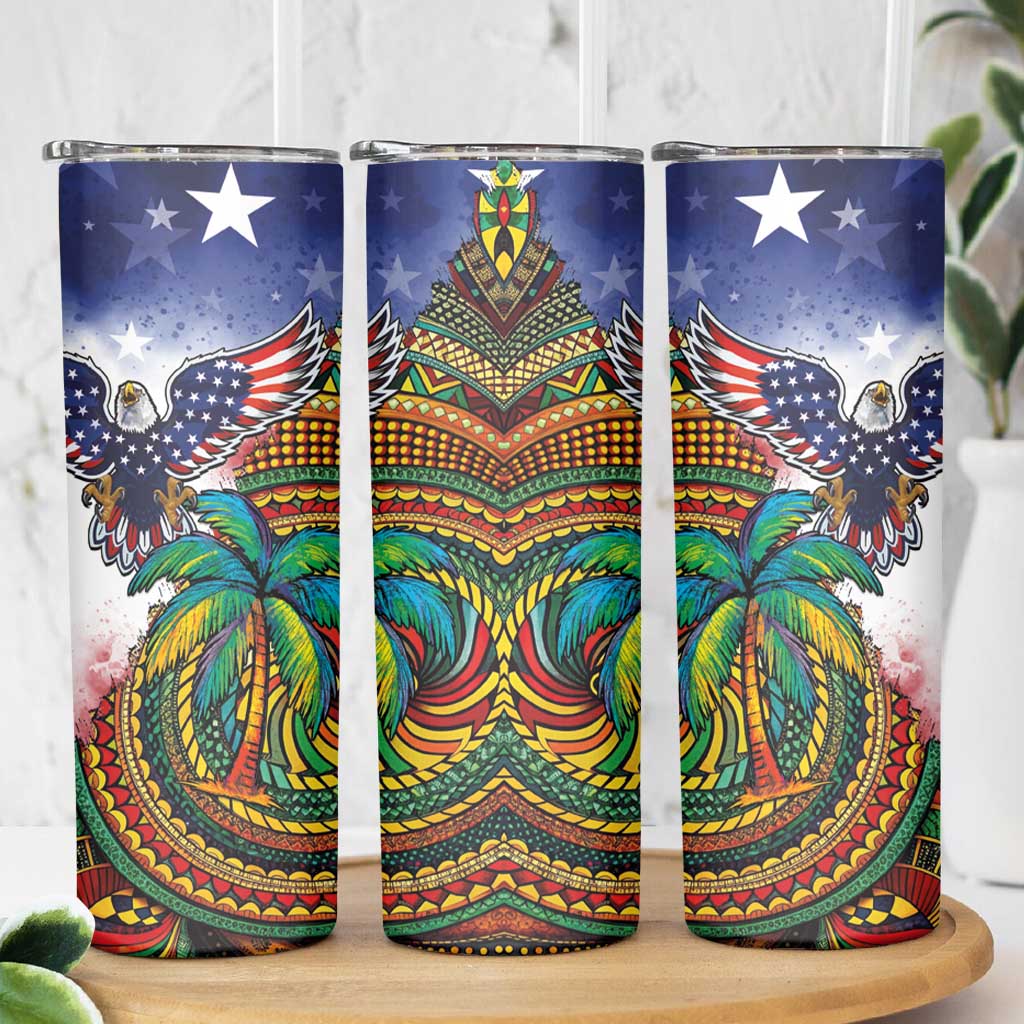 Caribbean American Together Skinny Tumbler USA Flag Eagle and Coloful Palm Tree - Wonder Print Shop