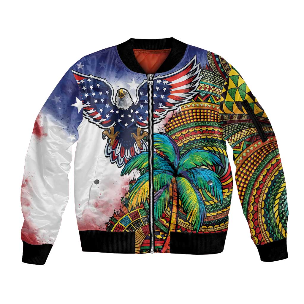 Caribbean American Together Sleeve Zip Bomber Jacket USA Flag Eagle and Coloful Palm Tree - Wonder Print Shop