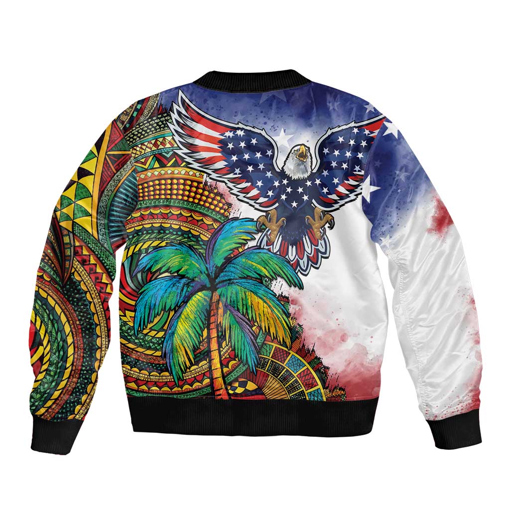 Caribbean American Together Sleeve Zip Bomber Jacket USA Flag Eagle and Coloful Palm Tree - Wonder Print Shop