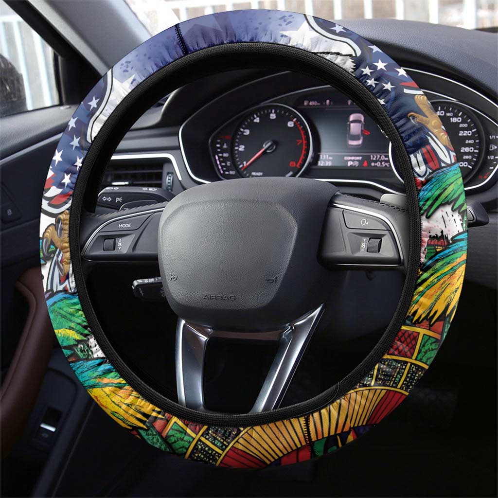 Caribbean American Together Steering Wheel Cover USA Flag Eagle and Coloful Palm Tree - Wonder Print Shop