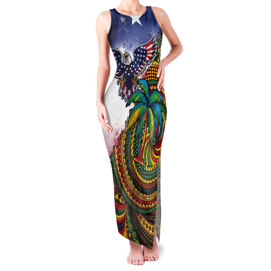 Caribbean American Together Tank Maxi Dress USA Flag Eagle and Coloful Palm Tree - Wonder Print Shop