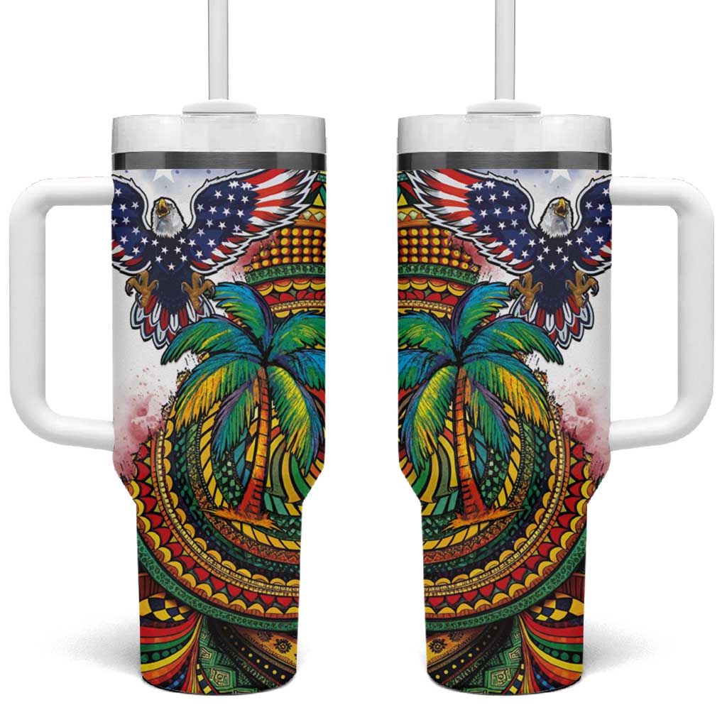 Caribbean American Together Tumbler With Handle USA Flag Eagle and Coloful Palm Tree - Wonder Print Shop