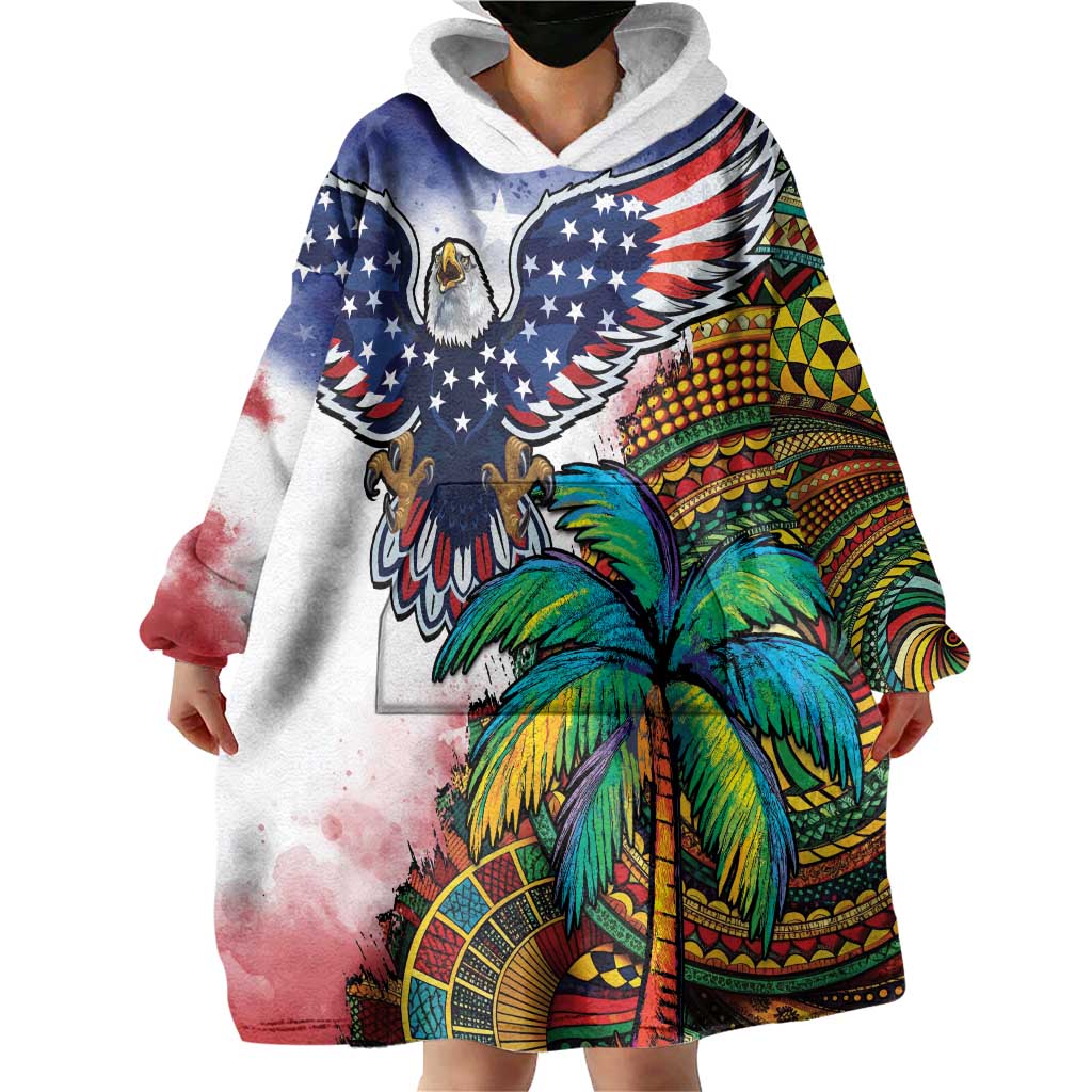 Caribbean American Together Wearable Blanket Hoodie USA Flag Eagle and Coloful Palm Tree - Wonder Print Shop