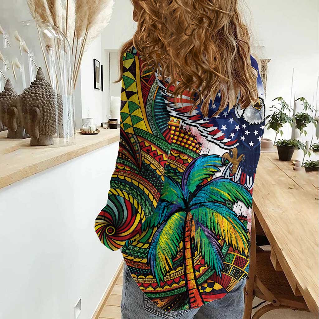 Caribbean American Together Women Casual Shirt USA Flag Eagle and Coloful Palm Tree - Wonder Print Shop