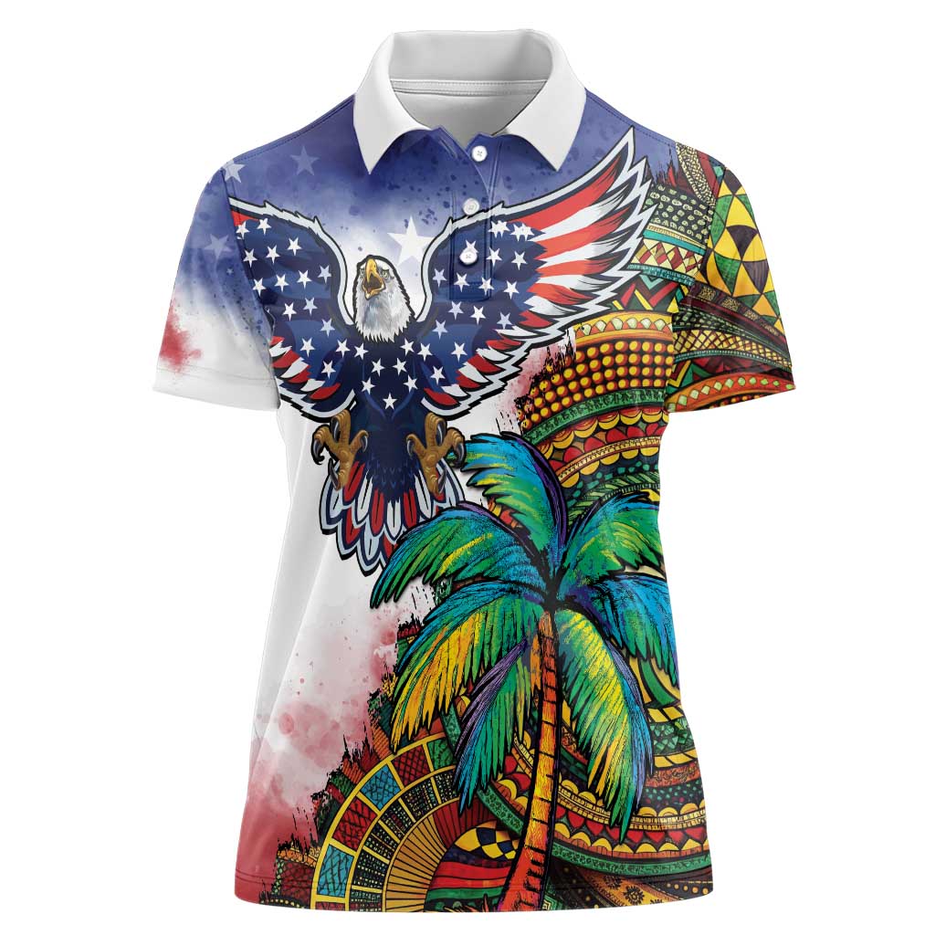 Caribbean American Together Women Polo Shirt USA Flag Eagle and Coloful Palm Tree - Wonder Print Shop