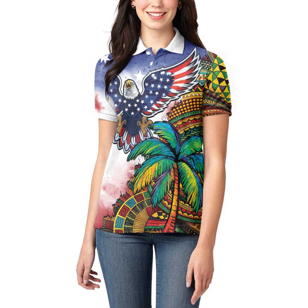 Caribbean American Together Women Polo Shirt USA Flag Eagle and Coloful Palm Tree - Wonder Print Shop