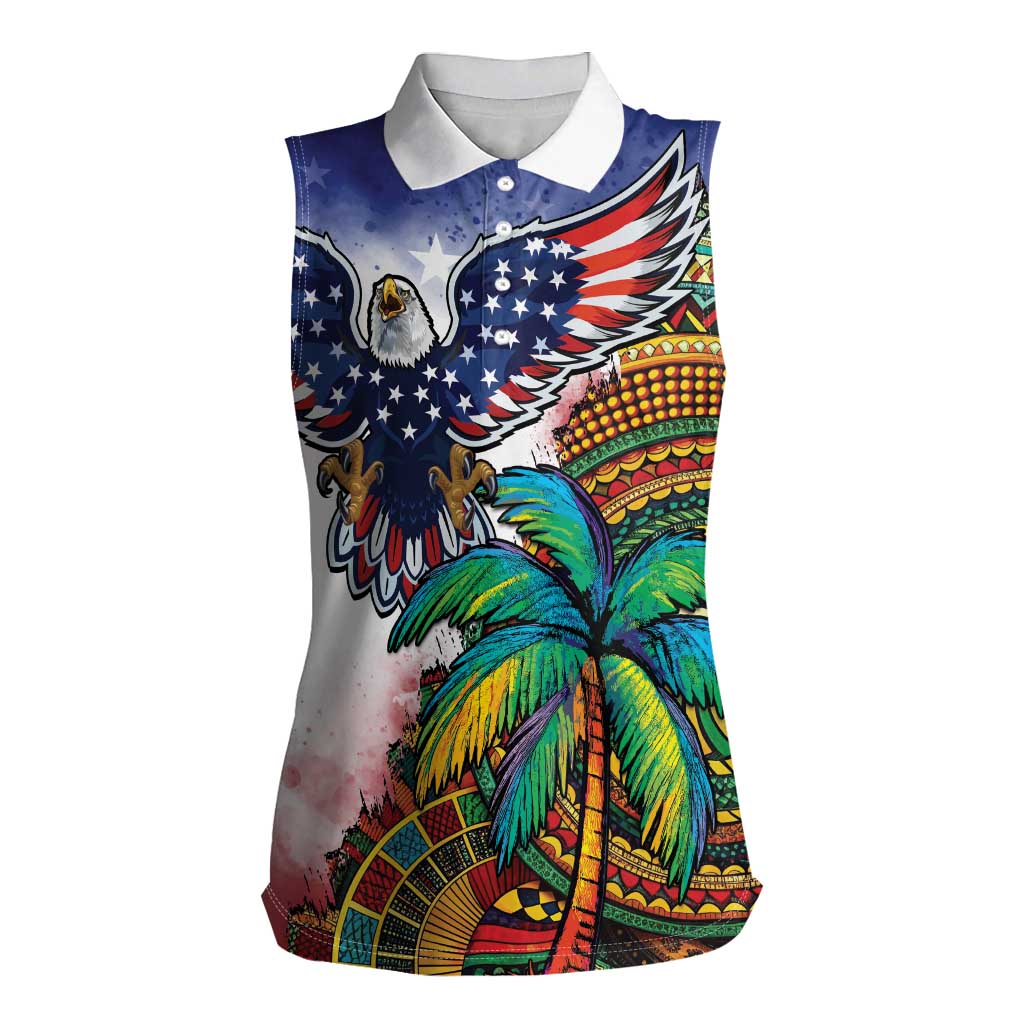 Caribbean American Together Women Sleeveless Polo Shirt USA Flag Eagle and Coloful Palm Tree - Wonder Print Shop