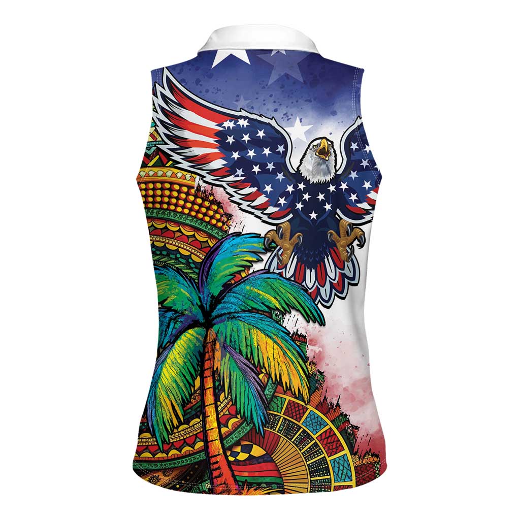 Caribbean American Together Women Sleeveless Polo Shirt USA Flag Eagle and Coloful Palm Tree - Wonder Print Shop