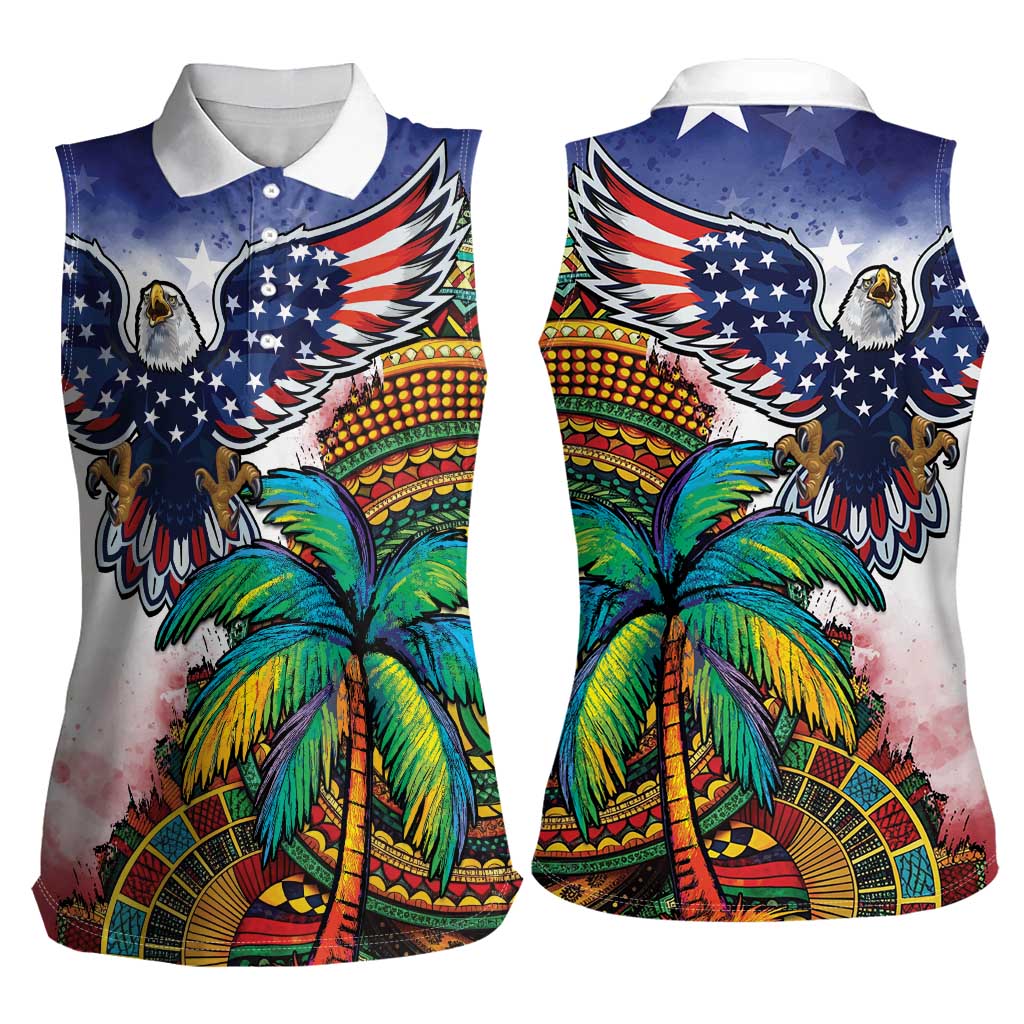 Caribbean American Together Women Sleeveless Polo Shirt USA Flag Eagle and Coloful Palm Tree - Wonder Print Shop