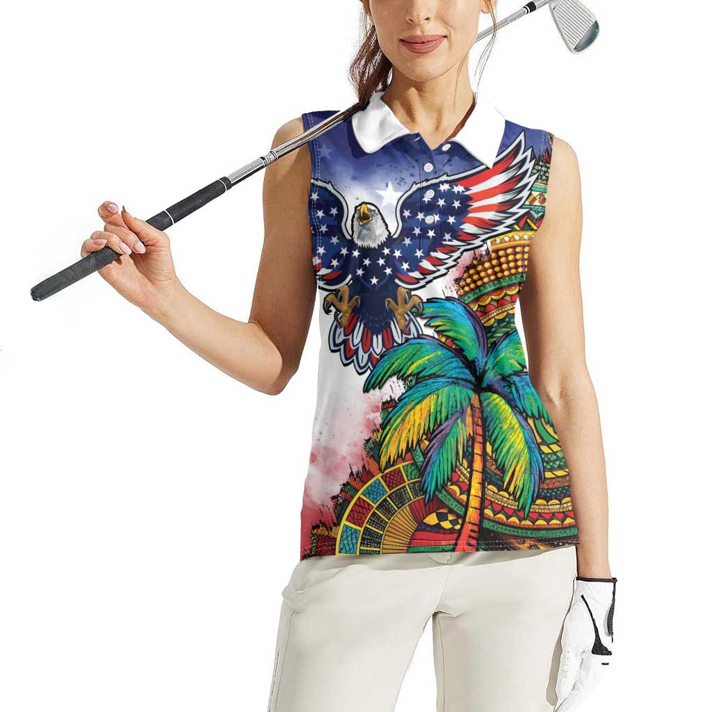 Caribbean American Together Women Sleeveless Polo Shirt USA Flag Eagle and Coloful Palm Tree - Wonder Print Shop