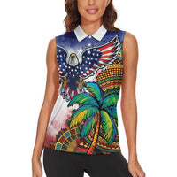 Caribbean American Together Women Sleeveless Polo Shirt USA Flag Eagle and Coloful Palm Tree - Wonder Print Shop