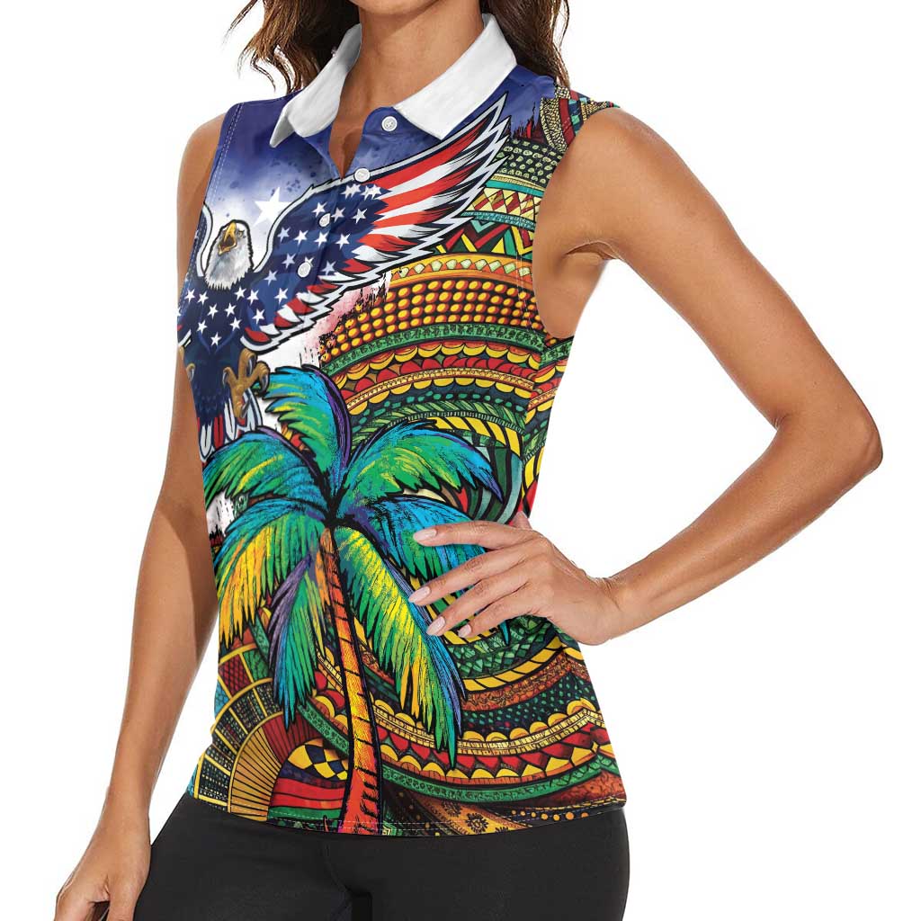 Caribbean American Together Women Sleeveless Polo Shirt USA Flag Eagle and Coloful Palm Tree - Wonder Print Shop