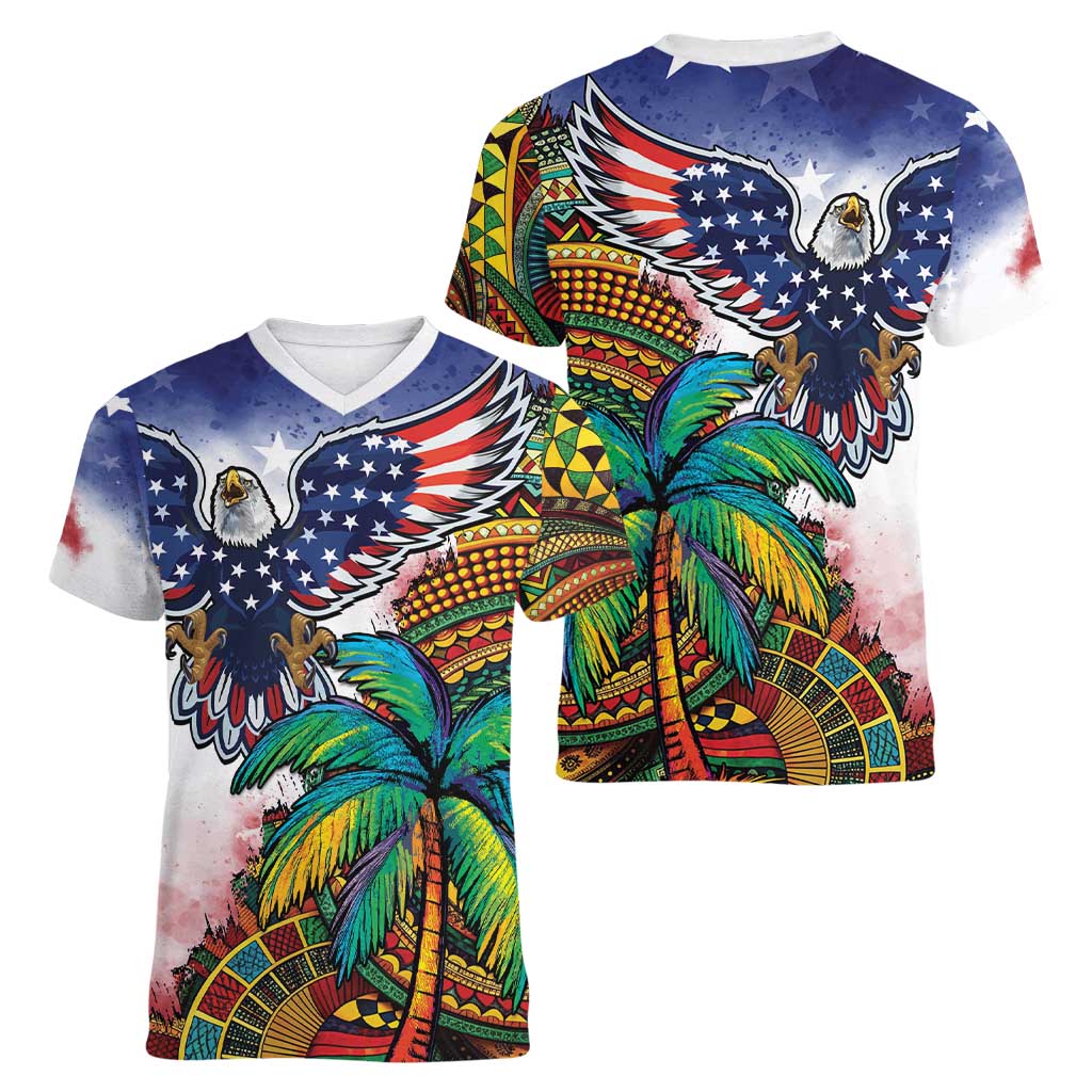 Caribbean American Together Women V-Neck T-Shirt USA Flag Eagle and Coloful Palm Tree - Wonder Print Shop