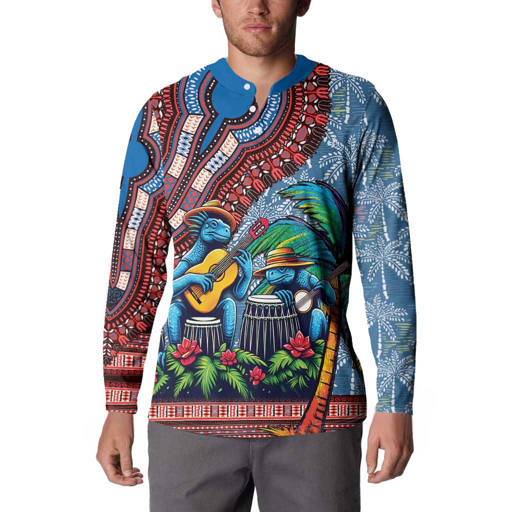 Afro-Caribbean Button Sweatshirt African Dashiki Style with Caribbean Music with Blue Iguanas - Wonder Print Shop