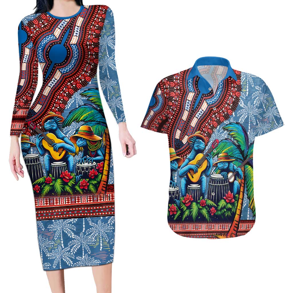 Afro-Caribbean Couples Matching Long Sleeve Bodycon Dress and Hawaiian Shirt African Dashiki Style with Caribbean Music with Blue Iguanas - Wonder Print Shop
