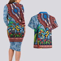 Afro-Caribbean Couples Matching Long Sleeve Bodycon Dress and Hawaiian Shirt African Dashiki Style with Caribbean Music with Blue Iguanas - Wonder Print Shop