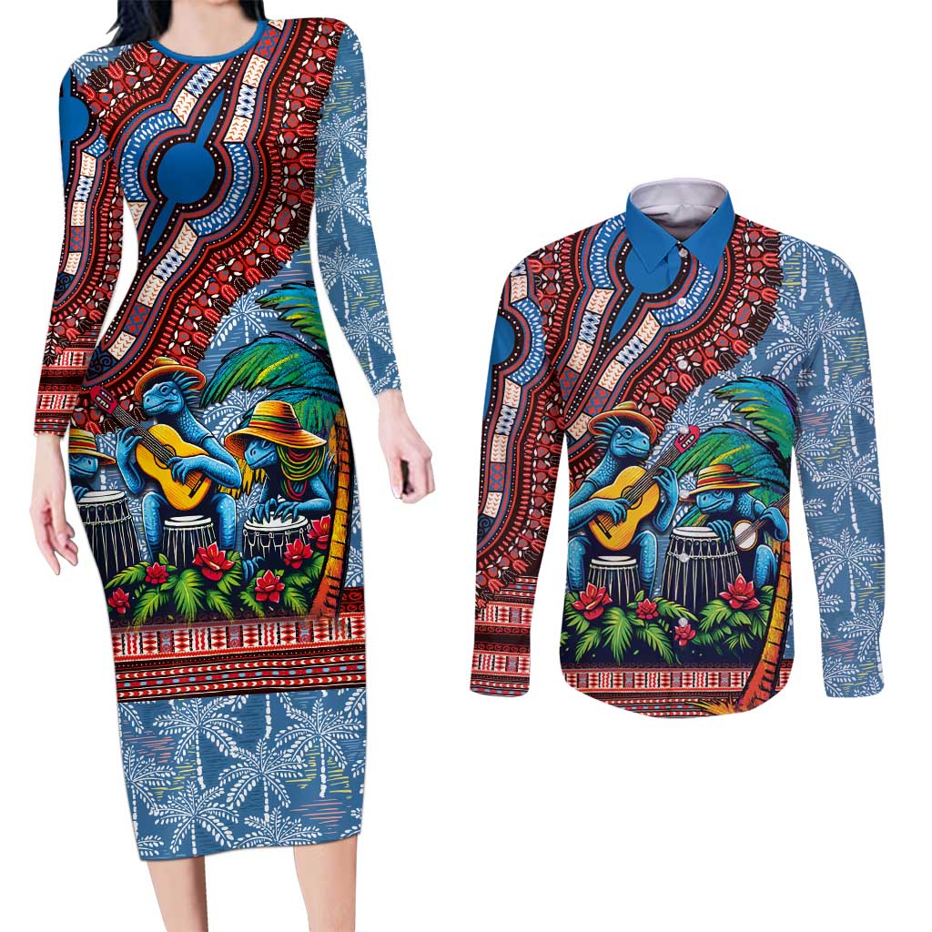 Afro-Caribbean Couples Matching Long Sleeve Bodycon Dress and Long Sleeve Button Shirt African Dashiki Style with Caribbean Music with Blue Iguanas - Wonder Print Shop