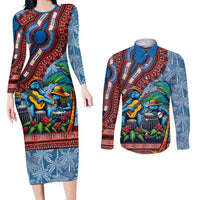 Afro-Caribbean Couples Matching Long Sleeve Bodycon Dress and Long Sleeve Button Shirt African Dashiki Style with Caribbean Music with Blue Iguanas - Wonder Print Shop
