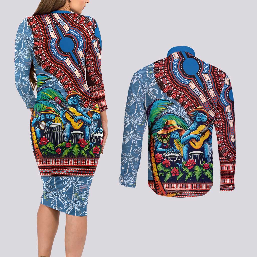 Afro-Caribbean Couples Matching Long Sleeve Bodycon Dress and Long Sleeve Button Shirt African Dashiki Style with Caribbean Music with Blue Iguanas - Wonder Print Shop