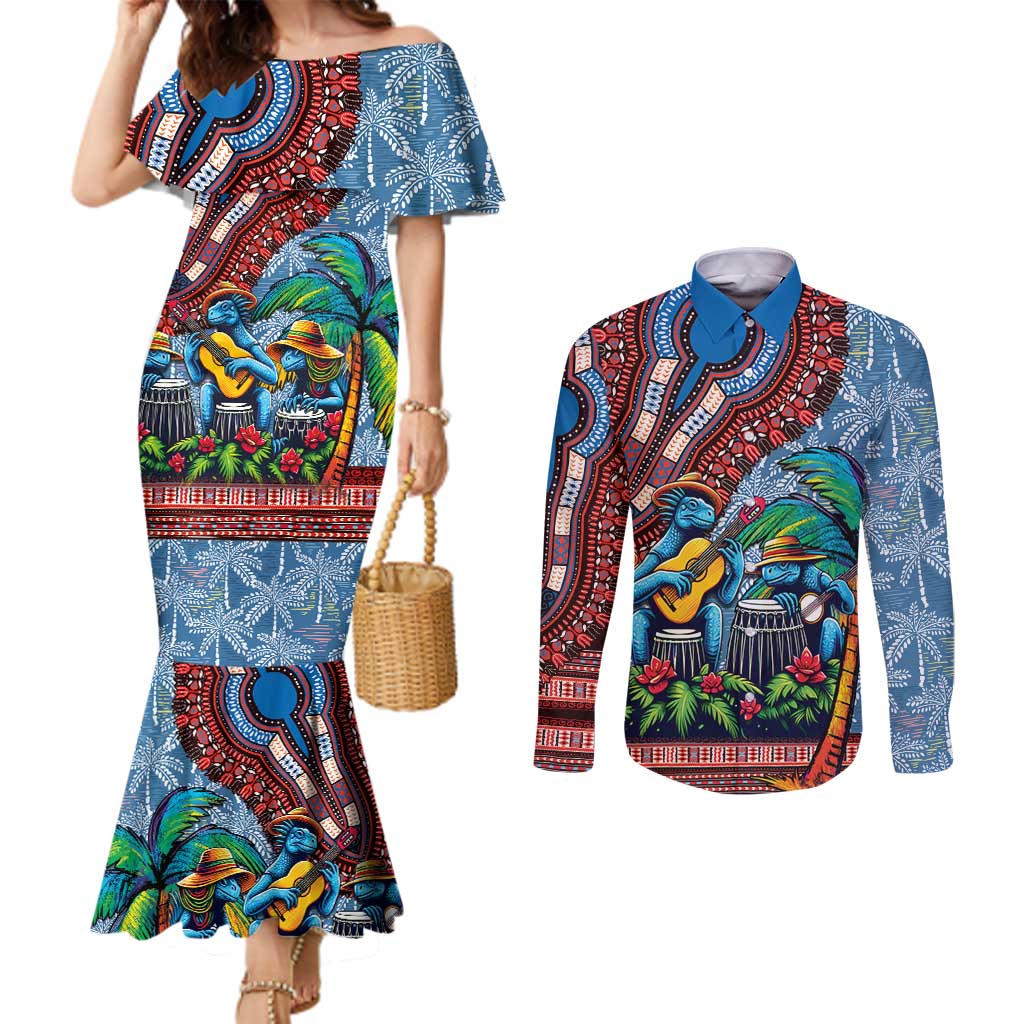 Afro-Caribbean Couples Matching Mermaid Dress and Long Sleeve Button Shirt African Dashiki Style with Caribbean Music with Blue Iguanas - Wonder Print Shop