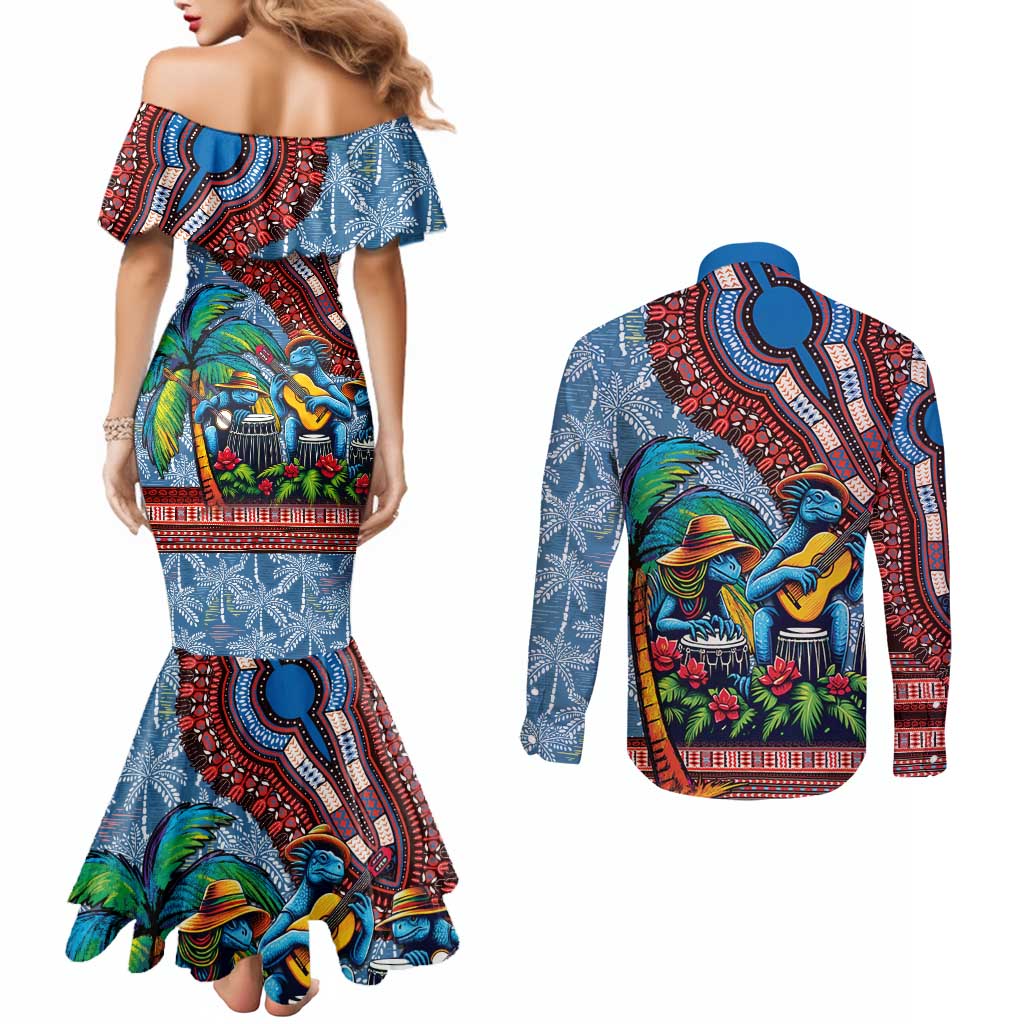 Afro-Caribbean Couples Matching Mermaid Dress and Long Sleeve Button Shirt African Dashiki Style with Caribbean Music with Blue Iguanas - Wonder Print Shop