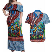 Afro-Caribbean Couples Matching Off Shoulder Maxi Dress and Hawaiian Shirt African Dashiki Style with Caribbean Music with Blue Iguanas - Wonder Print Shop