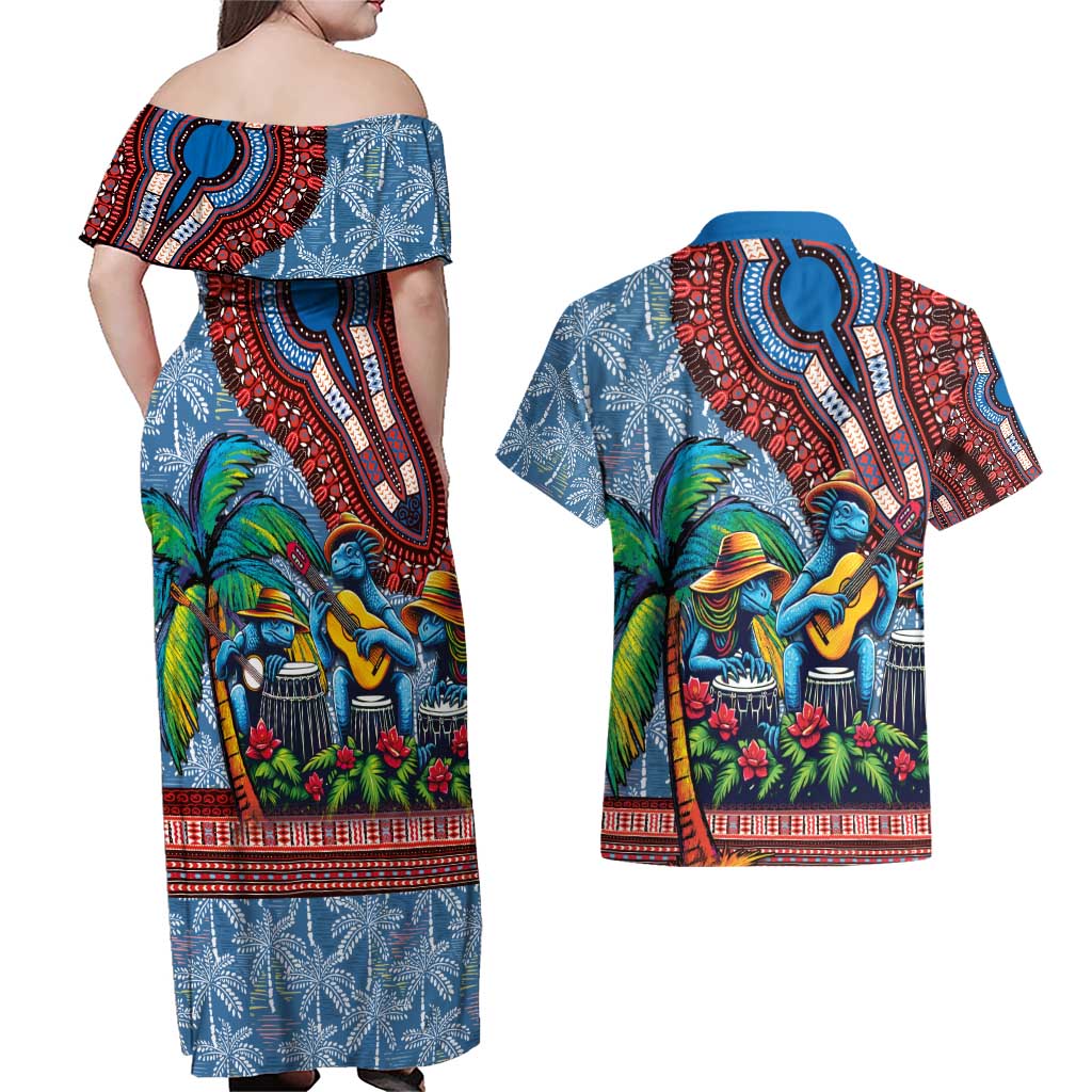 Afro-Caribbean Couples Matching Off Shoulder Maxi Dress and Hawaiian Shirt African Dashiki Style with Caribbean Music with Blue Iguanas - Wonder Print Shop