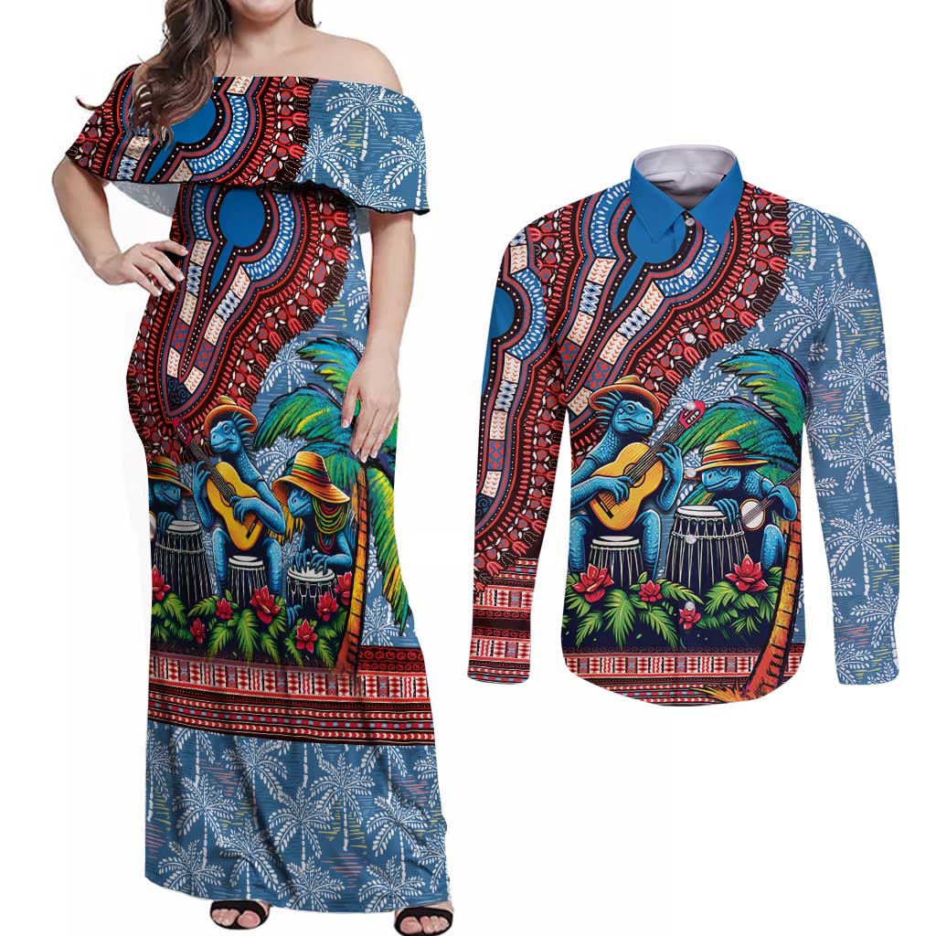 Afro-Caribbean Couples Matching Off Shoulder Maxi Dress and Long Sleeve Button Shirt African Dashiki Style with Caribbean Music with Blue Iguanas - Wonder Print Shop