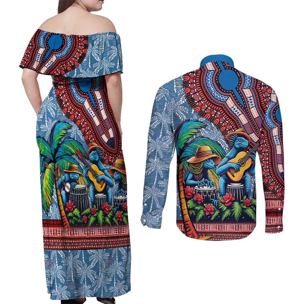 Afro-Caribbean Couples Matching Off Shoulder Maxi Dress and Long Sleeve Button Shirt African Dashiki Style with Caribbean Music with Blue Iguanas - Wonder Print Shop