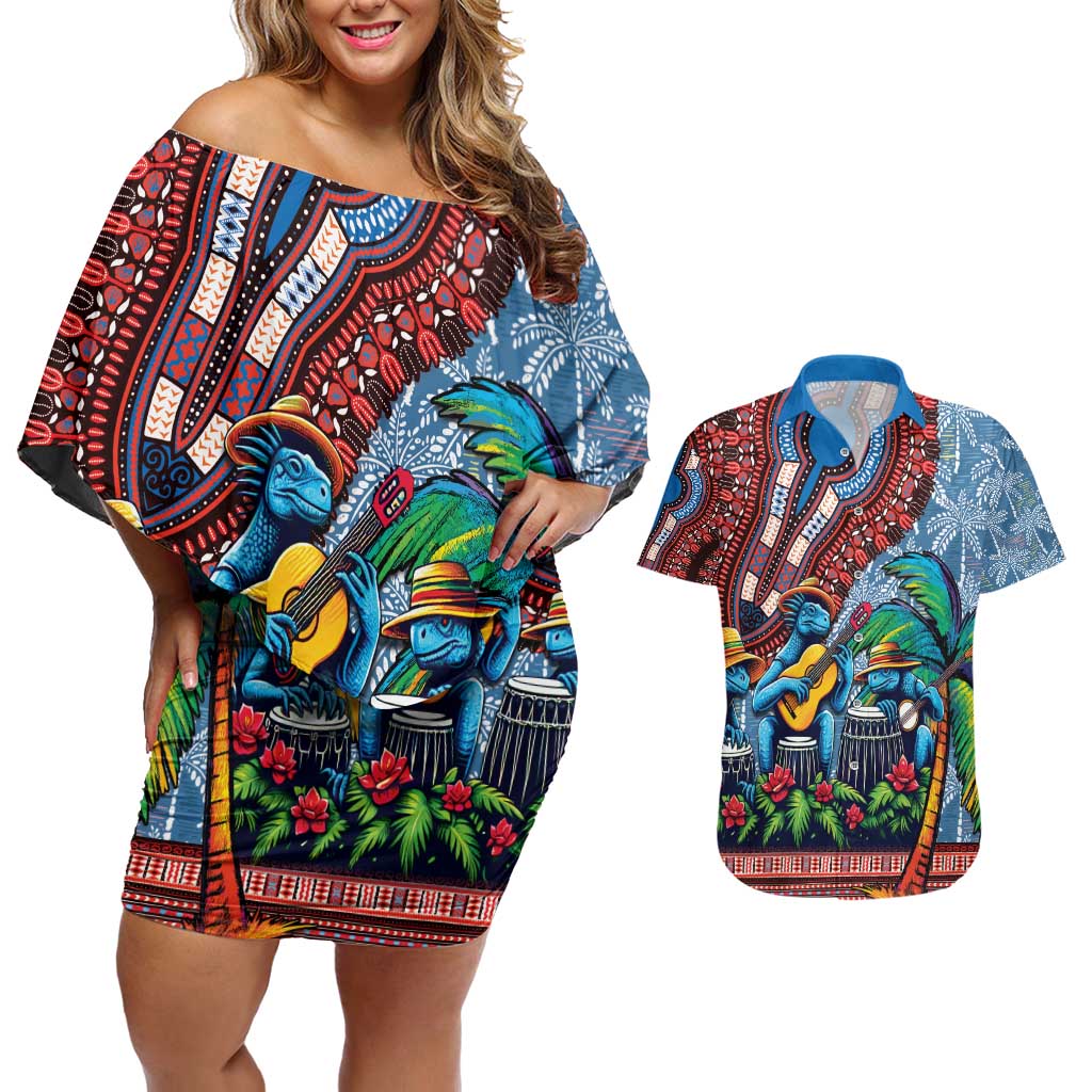 Afro-Caribbean Couples Matching Off Shoulder Short Dress and Hawaiian Shirt African Dashiki Style with Caribbean Music with Blue Iguanas - Wonder Print Shop