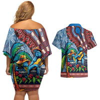 Afro-Caribbean Couples Matching Off Shoulder Short Dress and Hawaiian Shirt African Dashiki Style with Caribbean Music with Blue Iguanas - Wonder Print Shop