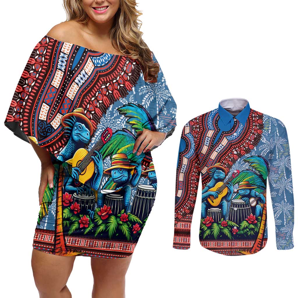 Afro-Caribbean Couples Matching Off Shoulder Short Dress and Long Sleeve Button Shirt African Dashiki Style with Caribbean Music with Blue Iguanas - Wonder Print Shop