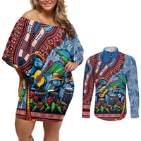 Afro-Caribbean Couples Matching Off Shoulder Short Dress and Long Sleeve Button Shirt African Dashiki Style with Caribbean Music with Blue Iguanas - Wonder Print Shop